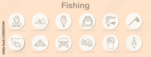 Fishing set icon. Line symbols depict fisherman portrait, angler in boat, hanging scale, tackle box, fishing lure, landing net, hooked fish, camping tent, folding chair, mountain lake