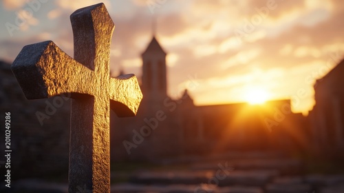 A stone cross stands in a graveyard at sunset, with a church silhouette and golden sky in the background.