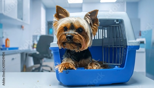 Yorkshire Terrier Dog Sitting In A Blue Pet Carrier Inside A Modern Veterinary Clinic Office Waiting For Medical Examination