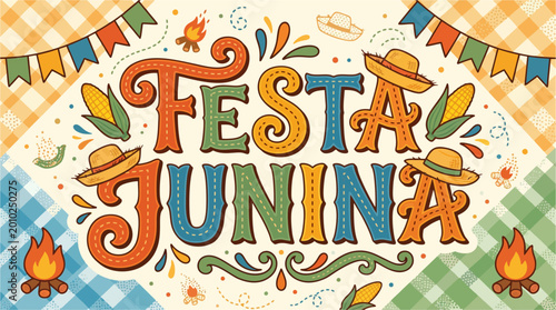 Festa Junina themed typography lettering with decorative elements, vector design
