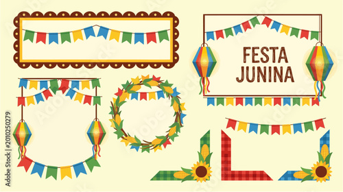 Vector set of Festa Junina decorative borders and frames with flags and lanterns