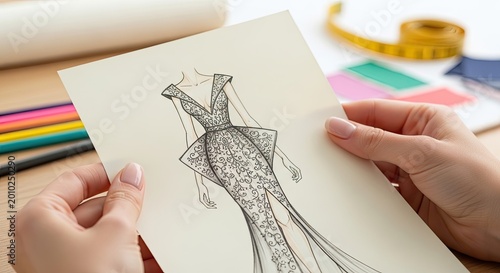 A detailed sketch of a woman's elegant evening gown, showcasing intricate lace detailing and a flowing train, set against a backdrop of a grand chandelier and a luxurious room.