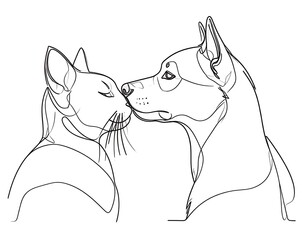 Line drawing of a cat and a dog touching noses, a simple black outline on a white background, representing affection