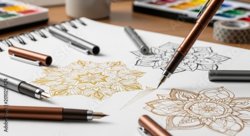 Artist drawing detailed mandala with metallic pens on sketchpad