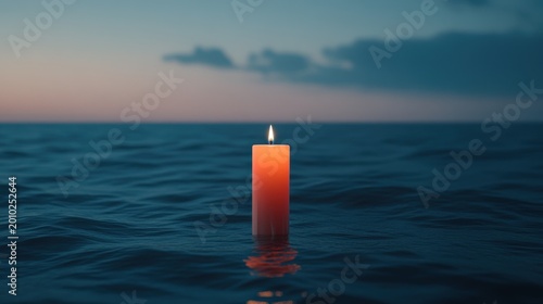 A single lit candle floats on calm ocean waters at dusk, creating a serene and evocative scene.
