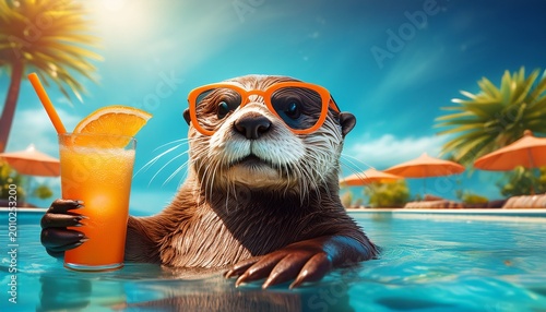 an otter wearing sunglasses floats in a pool holding a refreshing drink with an orange slice embodying a playful and laid back summer vibe in vibrant blue water under a bright sunny sky