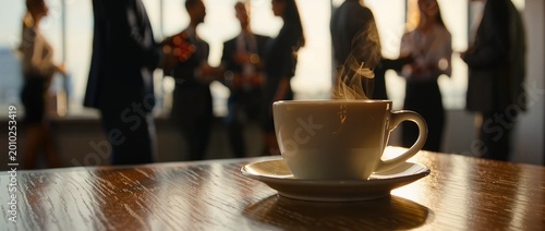 Steaming cup of coffee on wooden table with blurred business team background