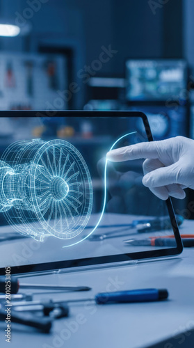 Finger tracing jet engine blueprint on digital tablet in engineering workspace, Turbine engineer design
