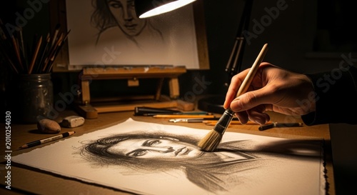 Artist's hand with brush creating charcoal portrait