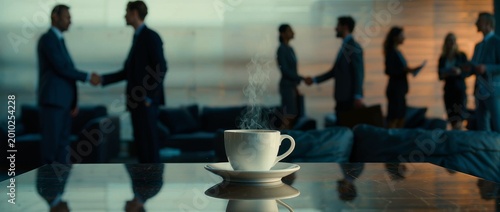 Steaming cup of coffee on table with blurred business people shaking hands