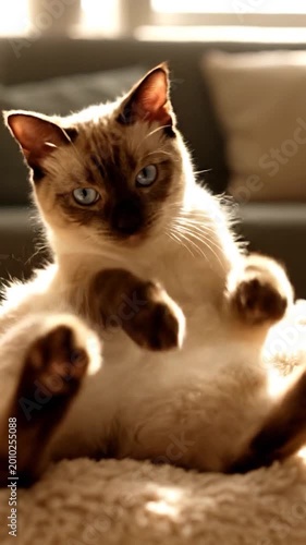 A domestic feline with striking blue eyes rests comfortably indoors