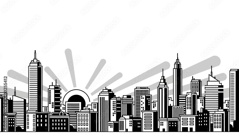 Fototapeta premium black and white city skyline at sunrise, urban landscape