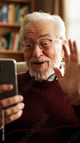 Elderly man smiling while holding a mobile device and looking at the screen
