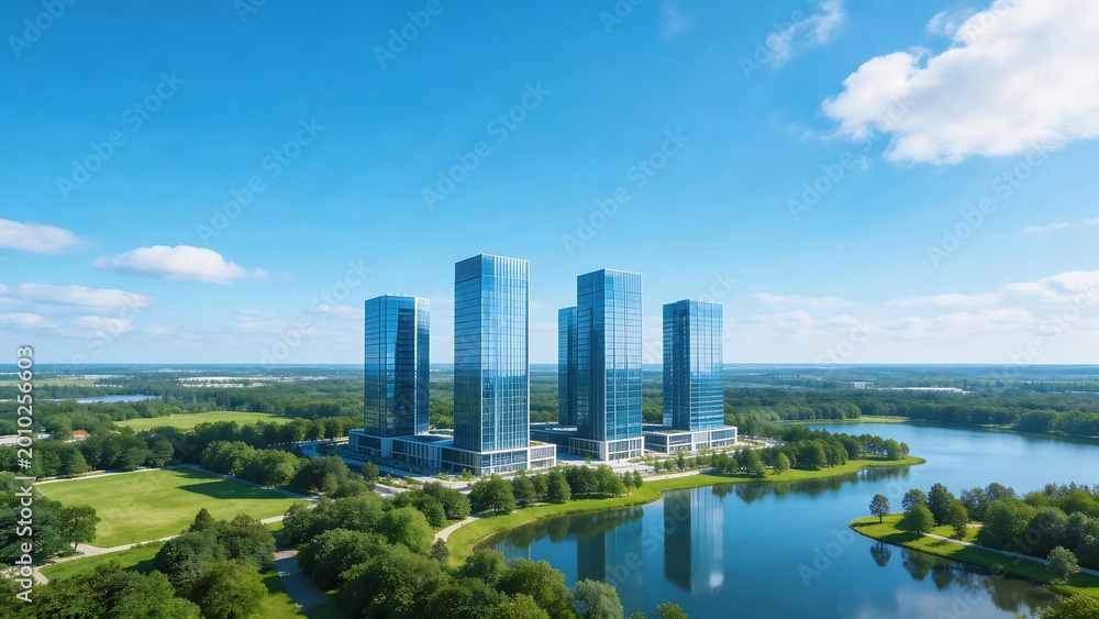 Fototapeta premium Modern skyscrapers by lake with greenery