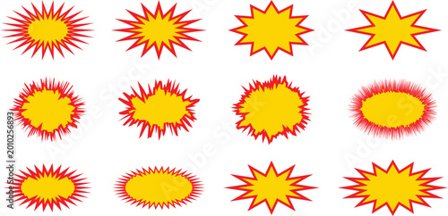 Tableau sur toile A collection of various yellow comic book explosion shapes with red outlines, featuring different spike styles and oval or circular burst designs