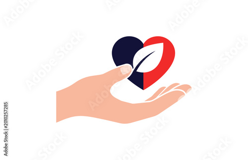 Hand holding heart shape with leaf symbol on black background