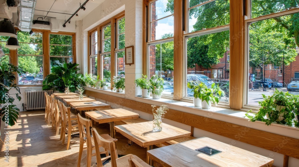 Fototapeta premium Bright dining area features light wooden tables and green plants along large windows.