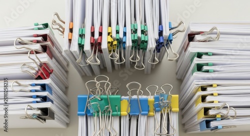 Assorted Binder Clips Holding Stacks of Paper