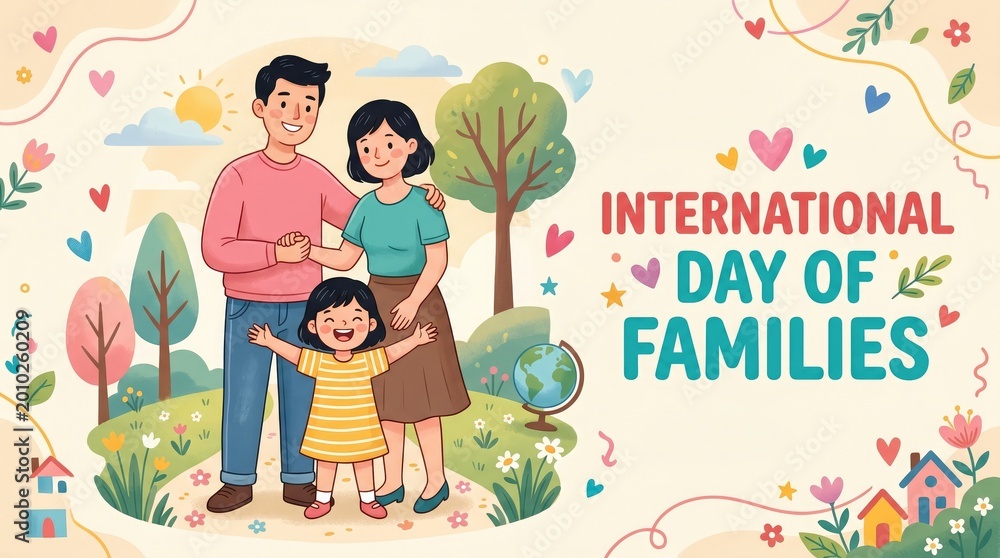 © nazmulgraphix - Cute family illustration for International Day of Families with blooming flowers and soft pastel colors background