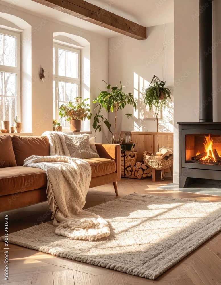 Fototapeta premium Cozy living room interior with burning fireplace, brown sofa, knit throw blanket, and sunlight streaming through windows for warm home decor atmosphere