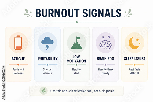 It displays a graphic outlining burnout signals, including fatigue, irritability, low motivation, and brain fog, alongside sleep issues. It’s intended as a self-reflection tool, not a diagnosis.