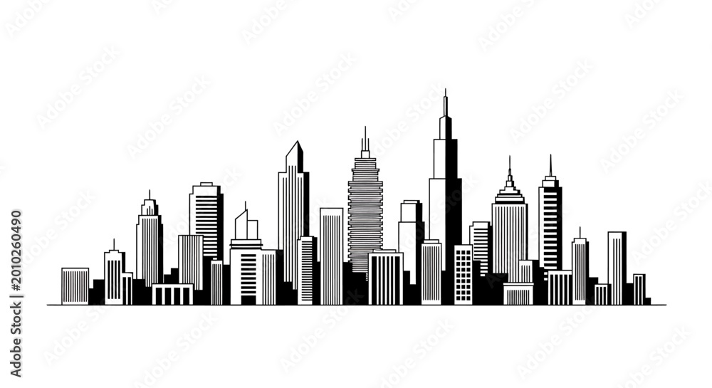 Fototapeta premium Monochrome Cityscape Silhouette with Skyscrapers and Urban Skyline.