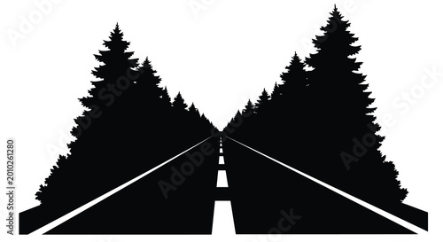 road through forest silhouette on white background