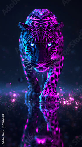 Futuristic fantasy of leopard with glowing neon purple and blue walking on the street in dark background - jungle predator  themed smartphone  wallpaper 