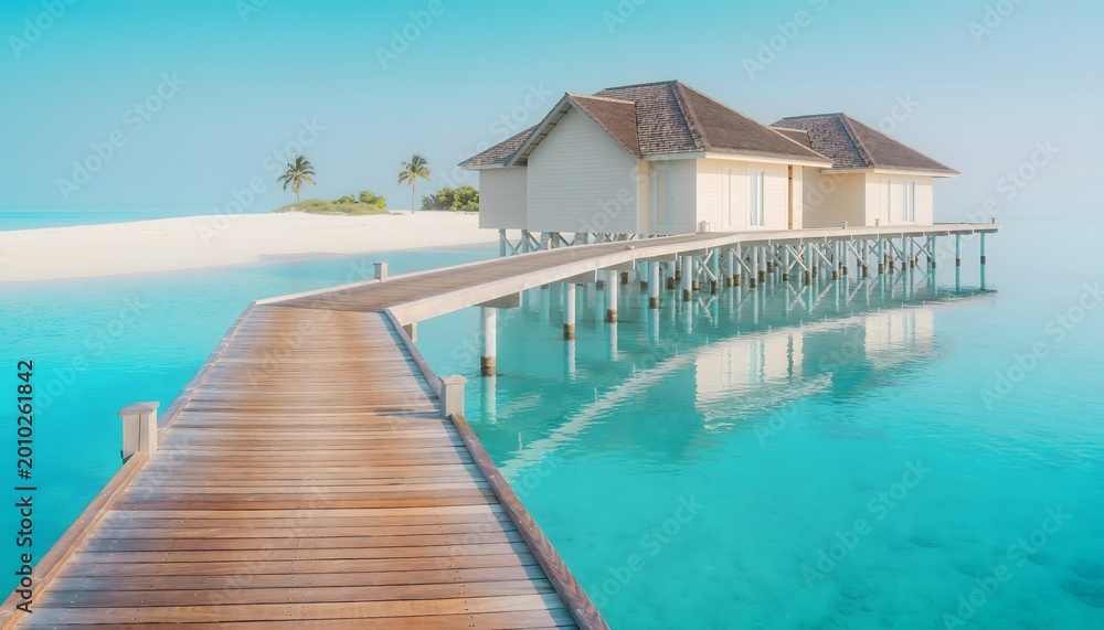 Fototapeta premium Tropical Paradise: Luxury Overwater Villas and Wooden Boardwalk over Crystal-Clear Turquoise Waters in the Maldives