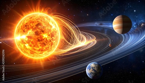 Sun With Solar Flares And Planets Earth And Jupiter On Orbital Rings In Deep Space Galaxy Background Cinematic Digital Illustration