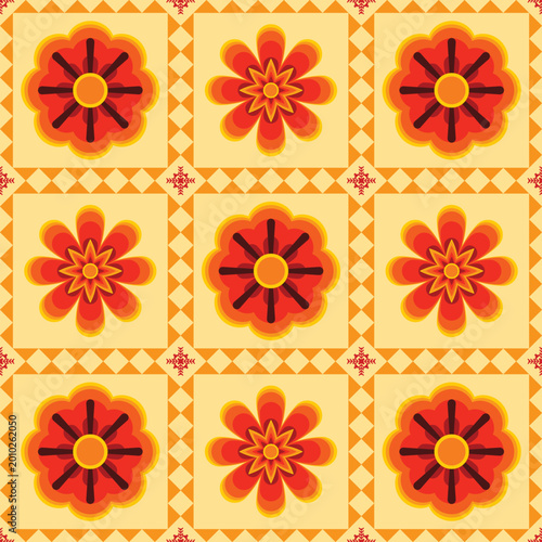 Retro Floral Tile Pattern, Seamless Mosaic Geometric Design, Warm Ethnic Flower Motif, CMYK