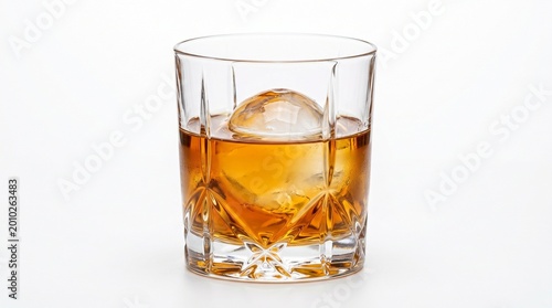 Whiskey in a crystal glass with a large ice ball round ice rocks glass