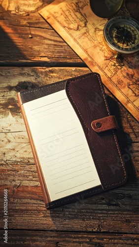 Open vintage leather journal with lined paper, antique nautical map and brass compass on rustic wooden table, travel planning and exploration adventure