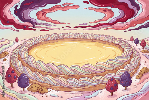 Surreal Custard Tart Landscape With Whipped Cream Clouds