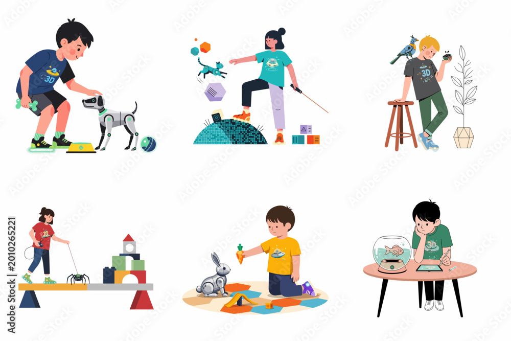 Fototapeta premium Set of flat vector illustrations showing children interacting with various futuristic robot pets including a dog, cat, bird, rabbit, spider, and fish.