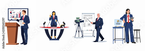 Photos Set of vector illustrations depicting government officials and business professionals presenting economic data, financial reports, and stimulus package plans in various settings