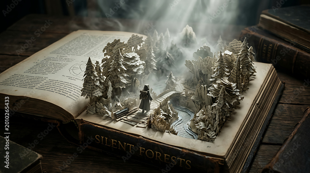Fototapeta premium An open antique book featuring a captivating 3D pop-up diorama of a snowy, misty forest with a lone figure walking on a path over a river, titled 'Silent Forests'.