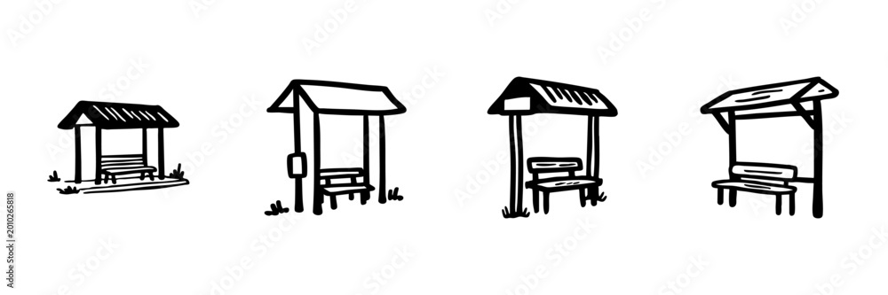 Fototapeta premium Bus Stop Shelters In Hand Drawn Style Set. Public Transportation Waiting Areas, Urban Commuter Convenience Doodle Sketch Collection. Outdoor Seating Structures. Isolated Vector Illustration