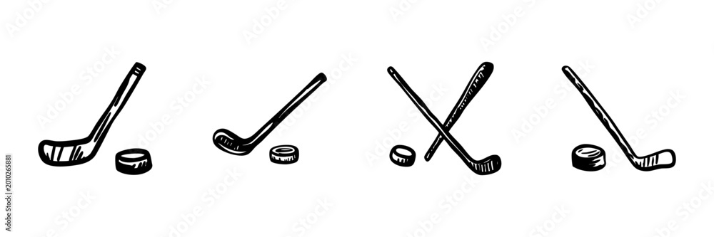Obraz premium Hockey Sticks And Pucks In Hand Drawn Style Set. Ice Hockey Equipment, Sports Gear, Team Game Doodle Sketch Collection. Athletic Competition Symbols. Isolated Vector Illustration