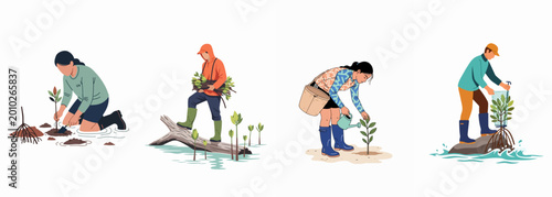 Tableau sur toile Set of illustrations showing people actively participating in mangrove restoration, planting seedlings, and protecting the coastal ecosystem