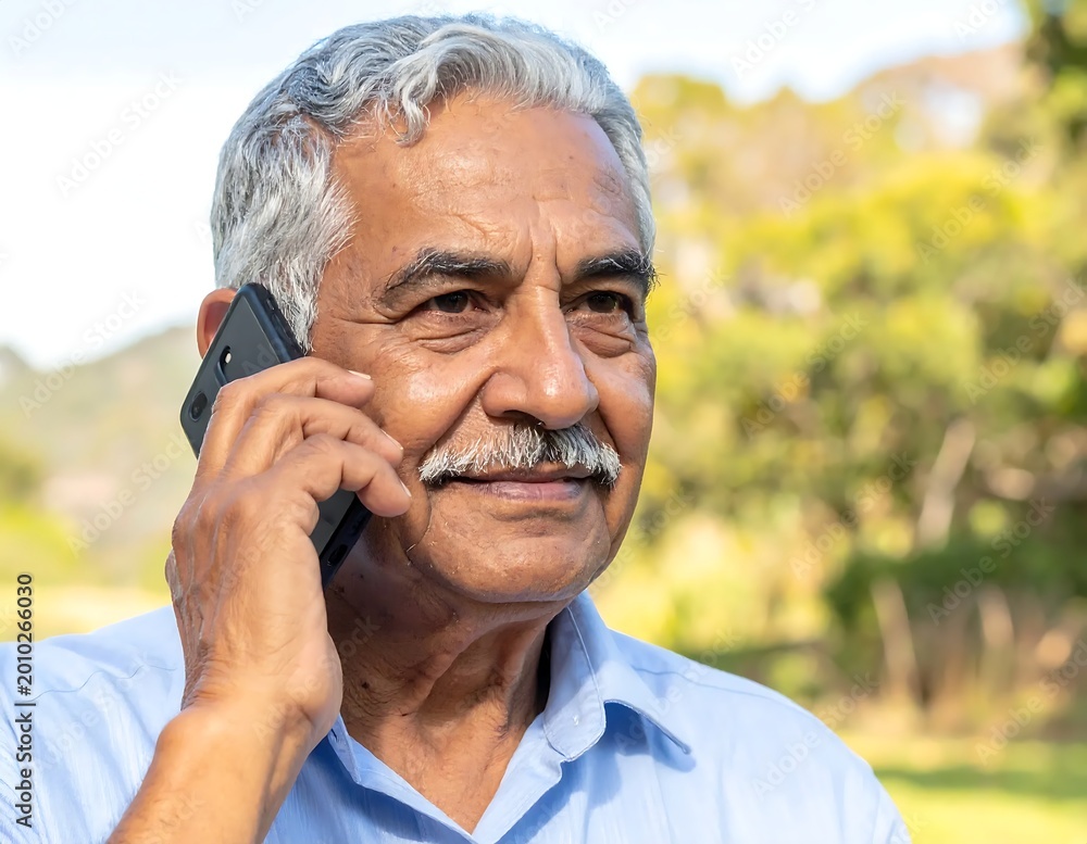 Obraz premium Senior Man With Gray Hair And Mustache Portrait Light Blue Shirt Talking On A Smartphone Outdoors In A Sunny Park Looking Away From The Camera