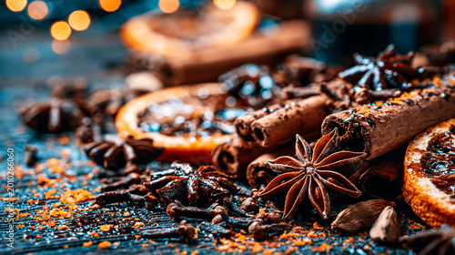 Festive holiday spice mix with cinnamon sticks star anise dried orange slices dried fruit