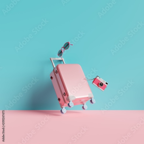 Pink Suitcase on pastel blue and pink background. 3d rendering