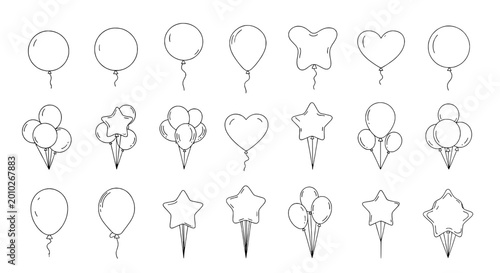 Balloon doodle icon set with heart and star shapes, thin line vector style for party invites and decorations