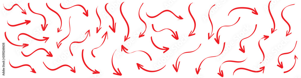 Fototapeta premium Hand drawn line arrows icons set collection. Arrow vector elements hand drawn arrows brush stroke curly arrow collection. Vector illustration isolated on white background.