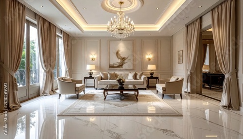 Luxurious living room interior with neoclassical design elements, crystal chandelier, beige furniture, marble flooring, elegant drapes, sophisticated home staging