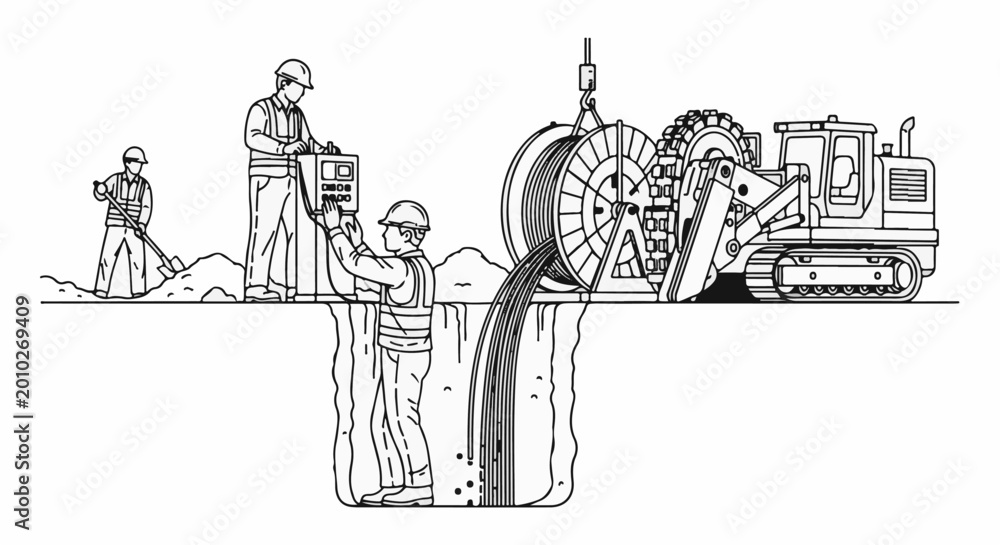 Obraz premium Workers and heavy machinery install underground cable infrastructure