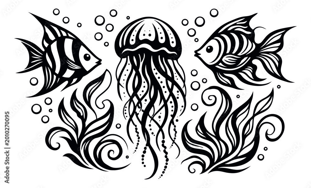 Fototapeta premium Hand drawn line art marine life set featuring two fish, a jellyfish, and seaweed with bubbles for aquatic design