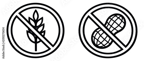 Simple line art allergy icon set featuring gluten and peanut restriction symbols for dietary information and awareness