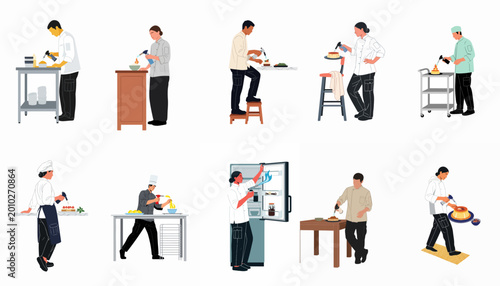 Schilderij op canvas Vector collection of professional pastry chefs using culinary blowtorches to finish gourmet desserts in various kitchen settings